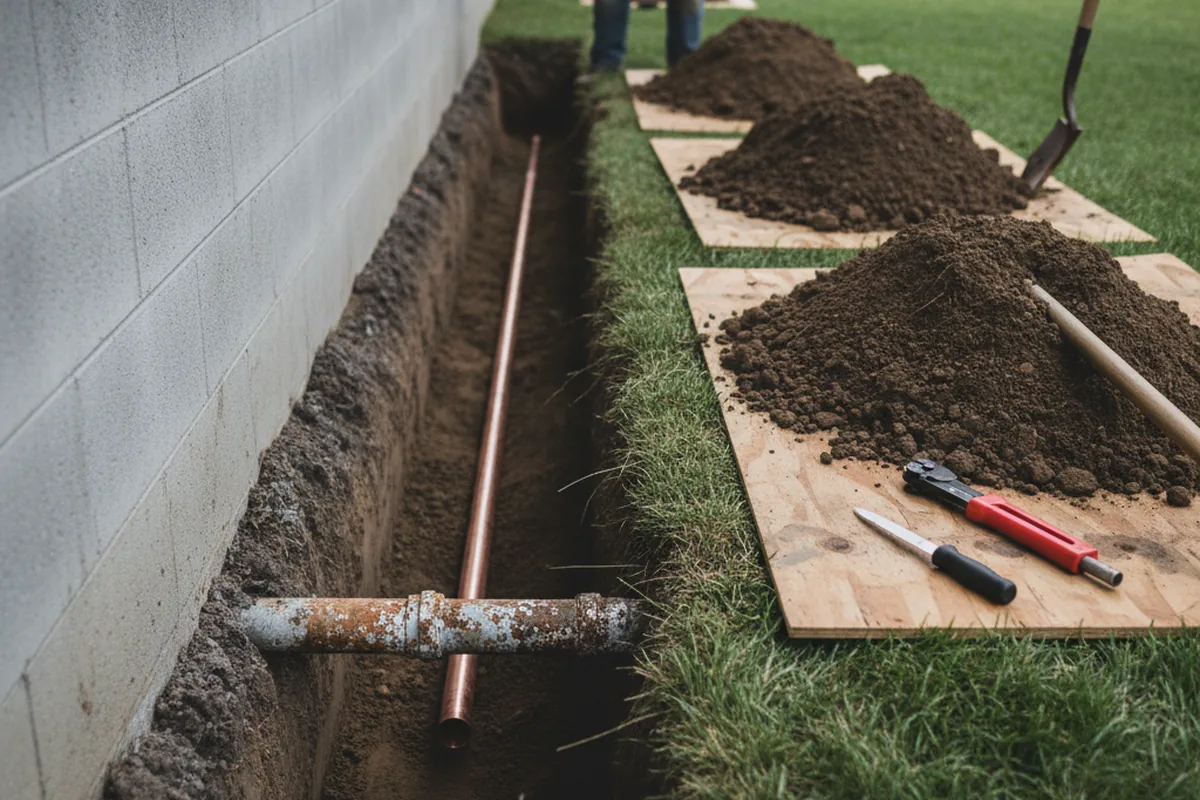 Excavated water line trench during Sewer Line Repair in Keyes